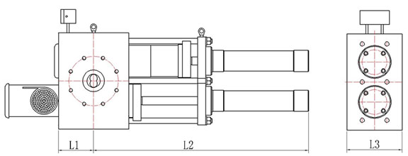 double piston hydraulic screen changer with round screens drawing